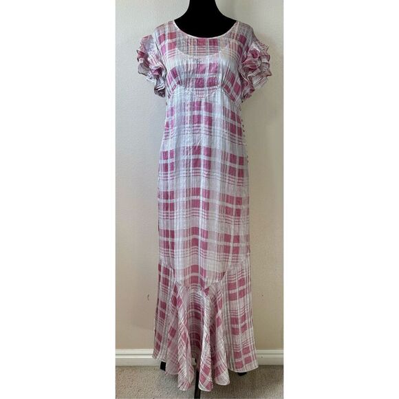 NWT Love Shack Fancy x  Free People Silk Sloane Blush Plaid Silk Maxi Dress XS - Picture 4 of 13